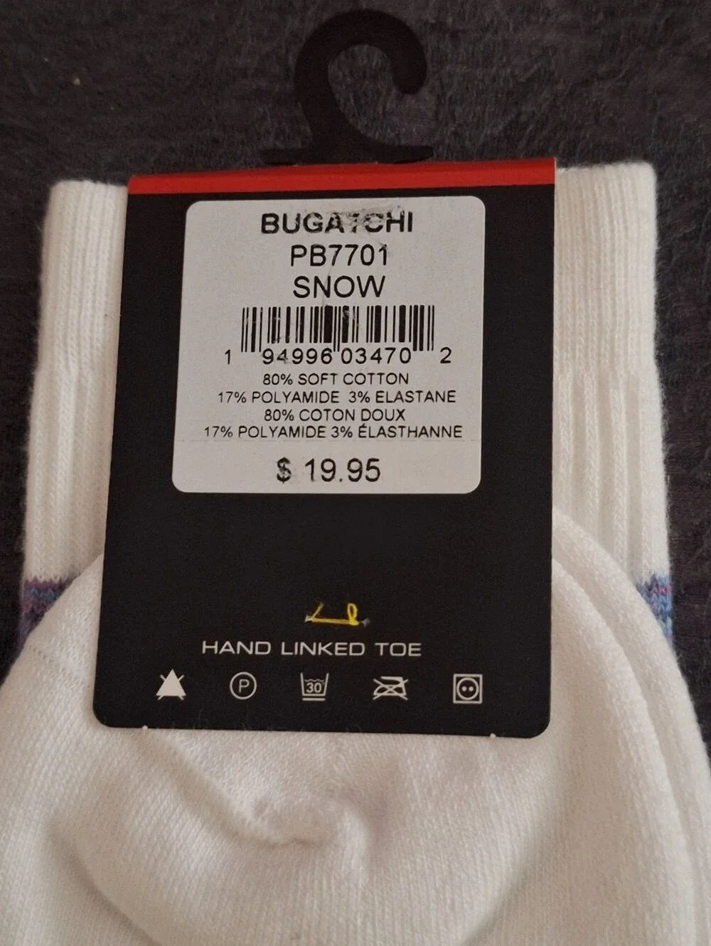 Bugatchi White Crew Socks with Bold Blue Stripe and Multicolor Bands